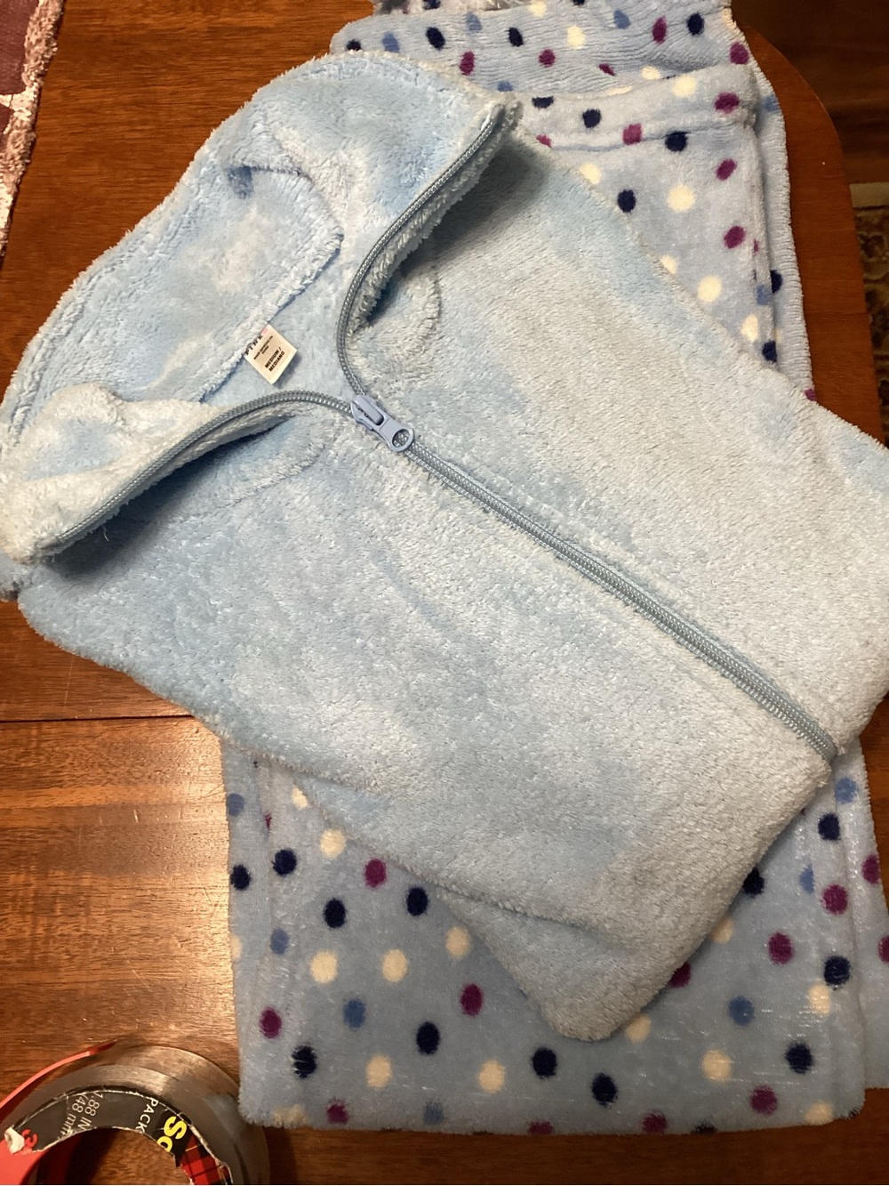 Light Blue Fleece Pajama set with full Zip Top and Polka Dot Pants